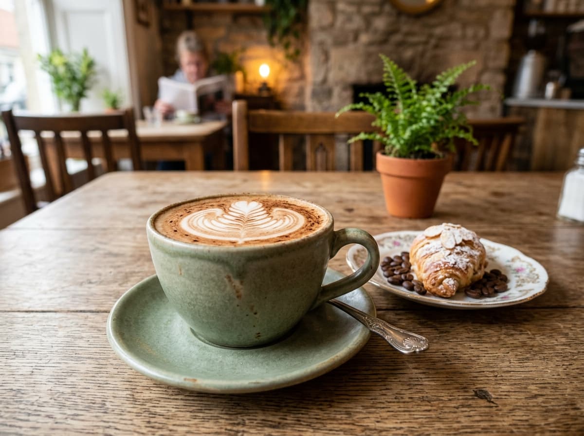 Steaming hot cappuccino with latte art in a sage green cup