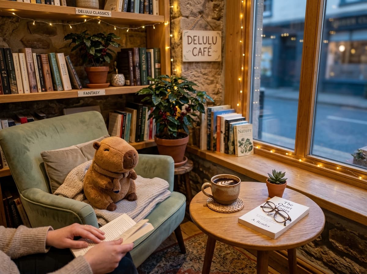 Cozy reading corner at Delulu cafe with books, fairy lights, and capybara plush