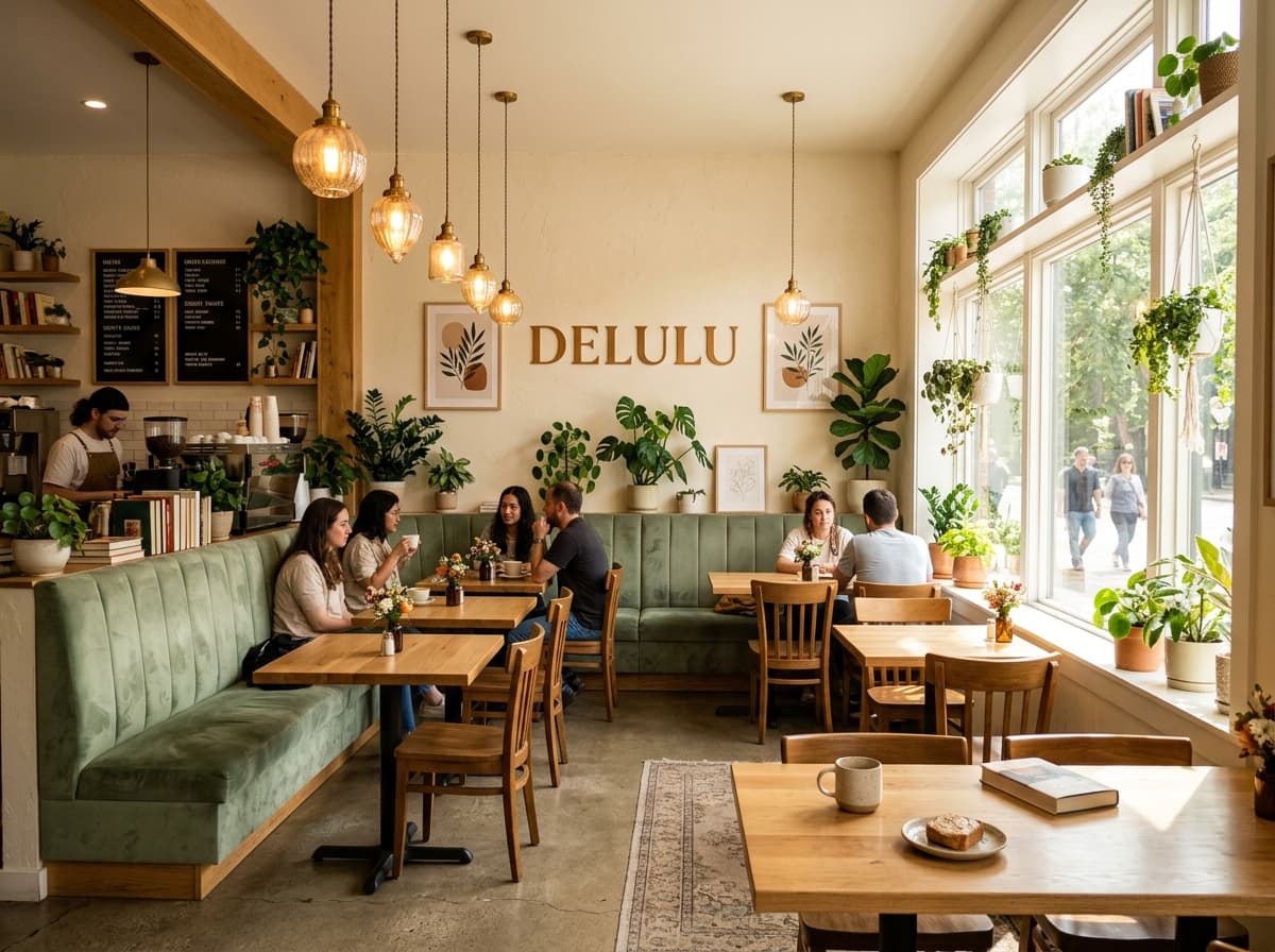 Delulu cafe interior with cozy sage green booth seating and warm ambiance