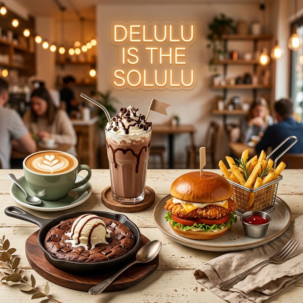Delulu Café Signature Sizzling Skillet Brownie, Ceylon Single-Origin Coffee, Gourmet Burger and Loaded Fries