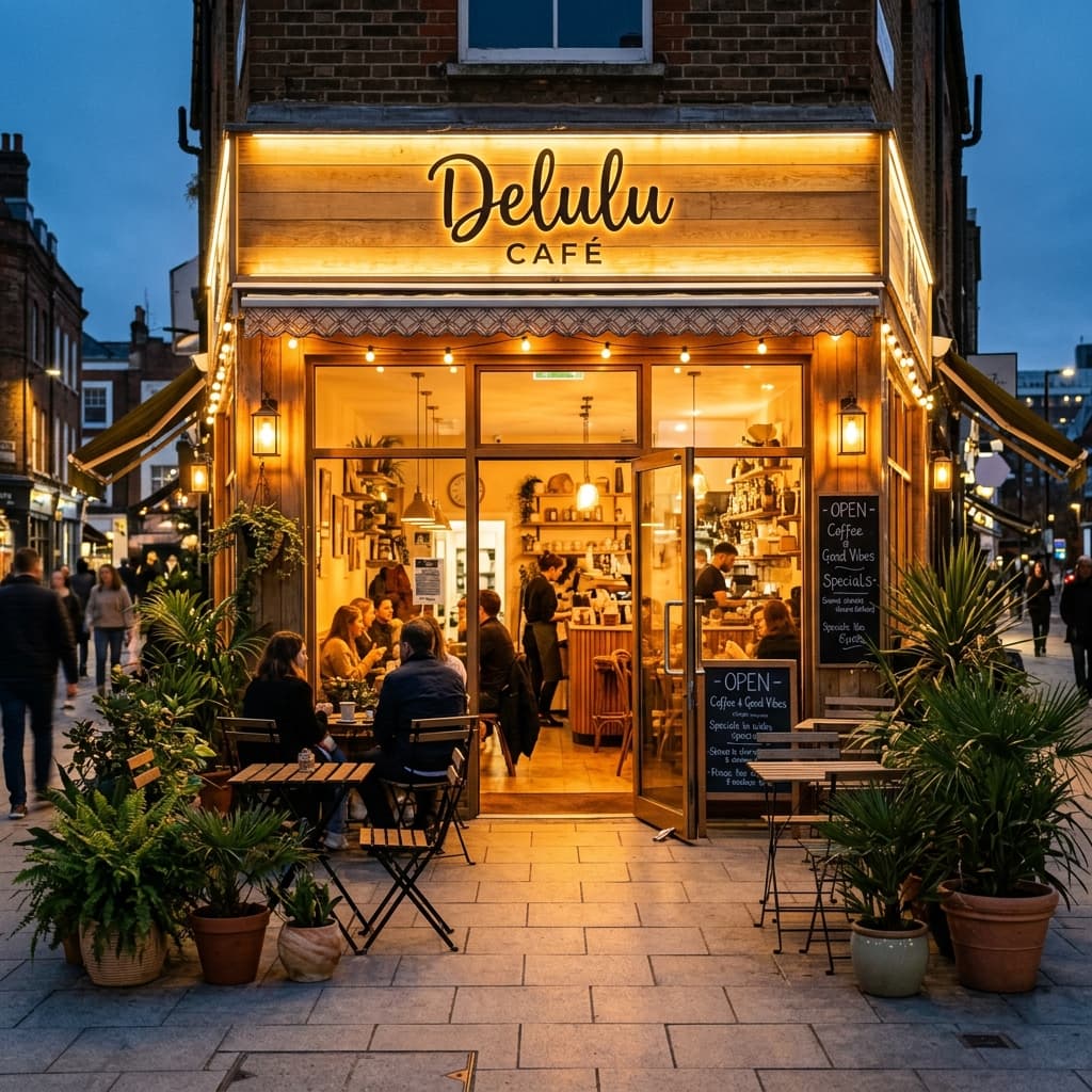 Delulu Café warm illuminated storefront on New Kalmunai Road at twilight